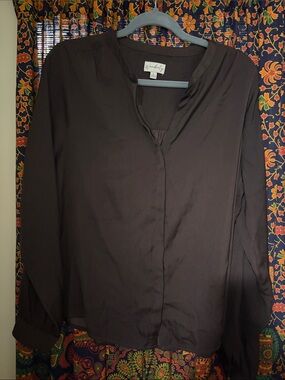 Wonderly Brown satin Button-Front Long Sleeve Blouse